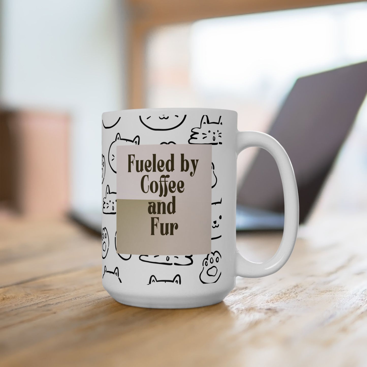 Cat Pattern Ceramic Mug — "Fueled by Coffee and Fur" (15oz)