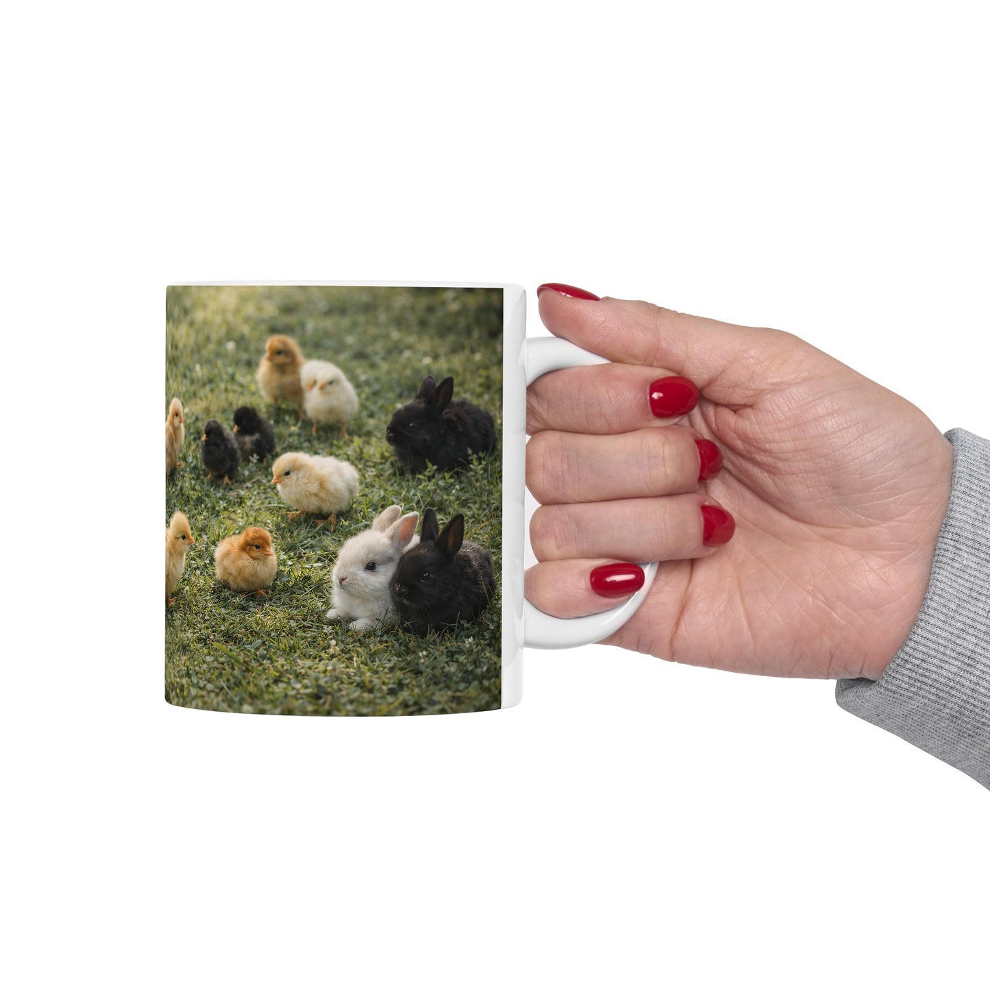 Cute Chickens & Bunny Ceramic Mug — Spring Farm Animal Coffee Cup (11oz)