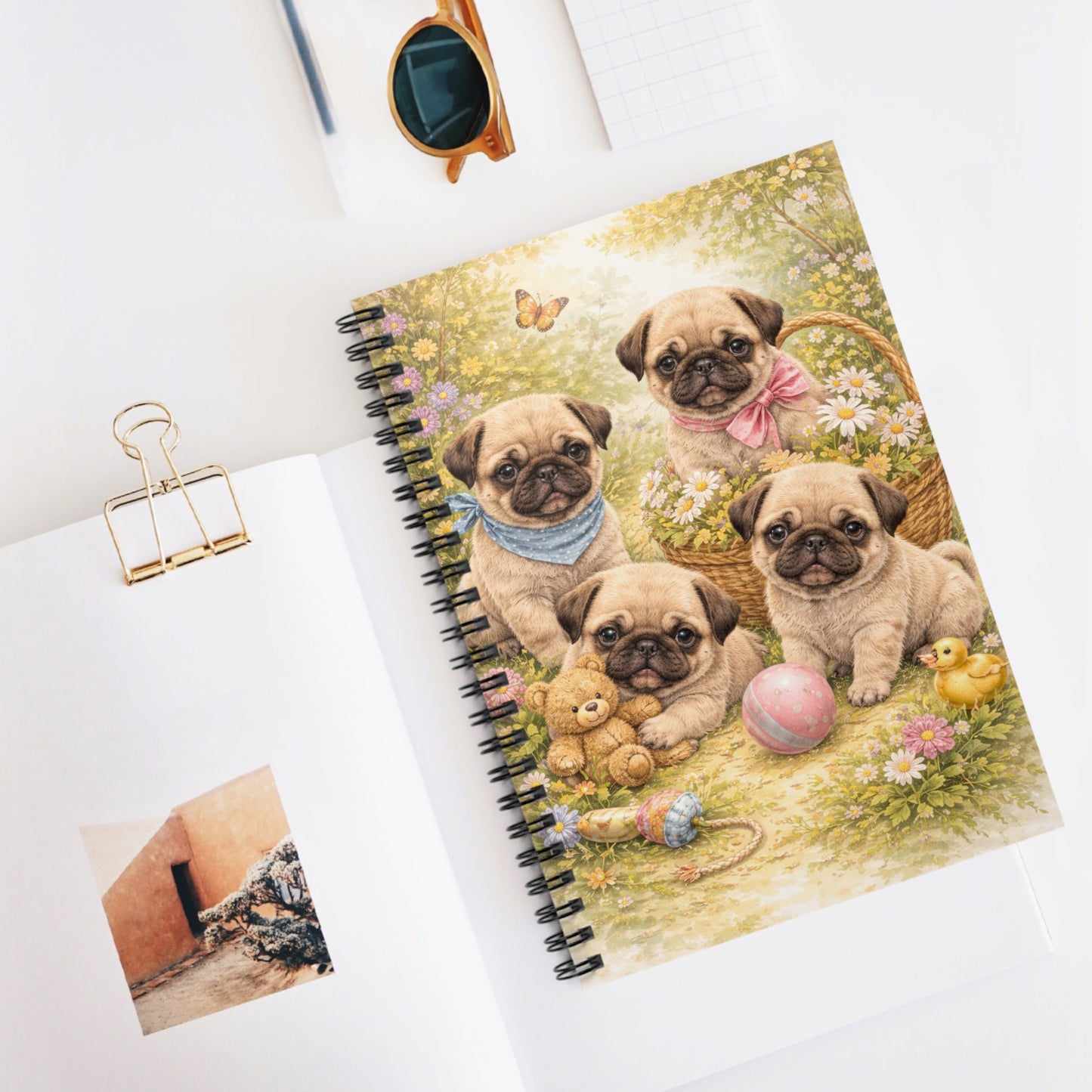 Pug Puppies Spiral Notebook – Cute Floral Ruled Journal for Kids & Dog Lovers