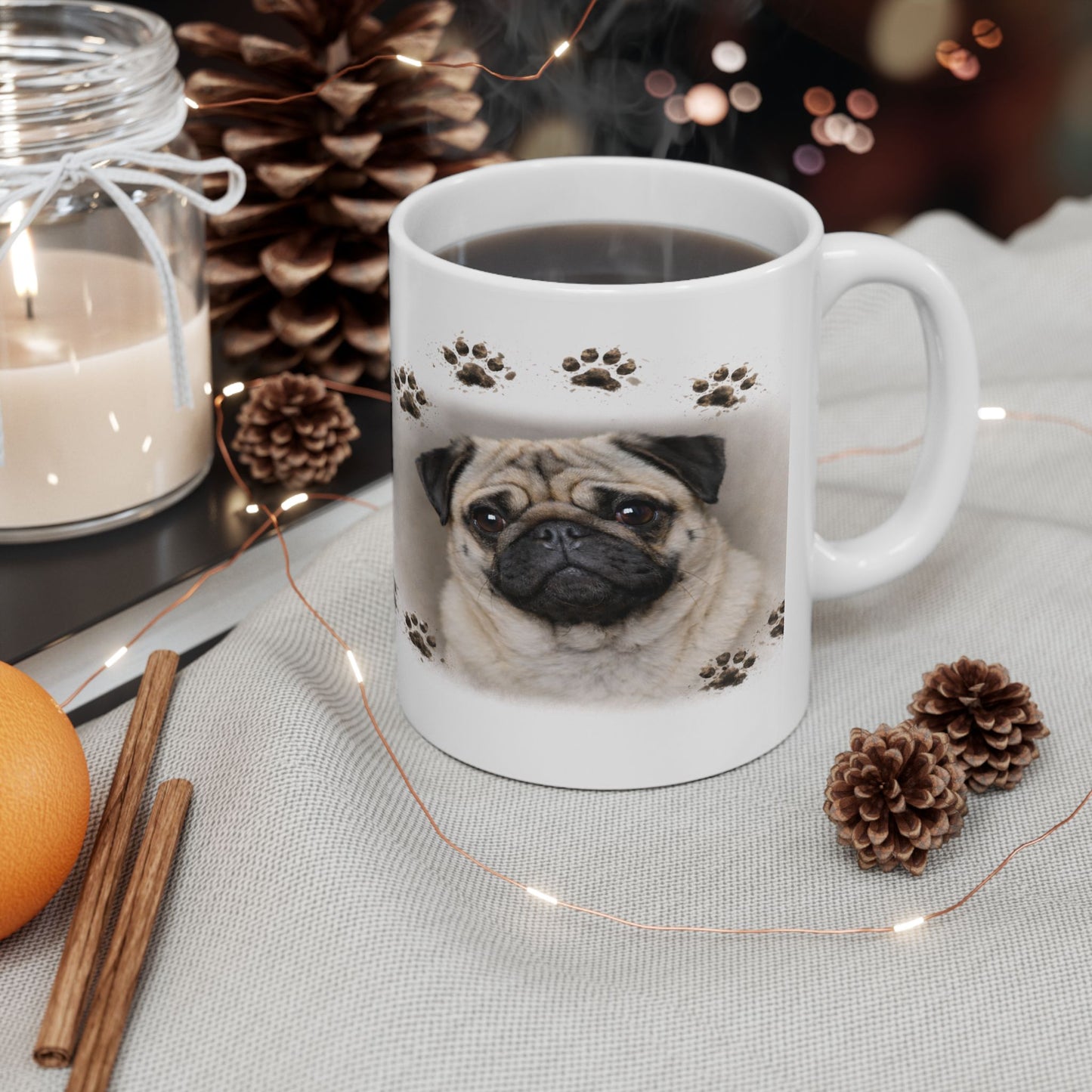 Pug Lover Ceramic Mug — Cute Pug Portrait with Paw Prints (11oz)