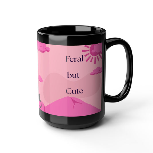 "Feral but Cute" Mug — Pink Cat Silhouette Coffee Cup ( 15oz)