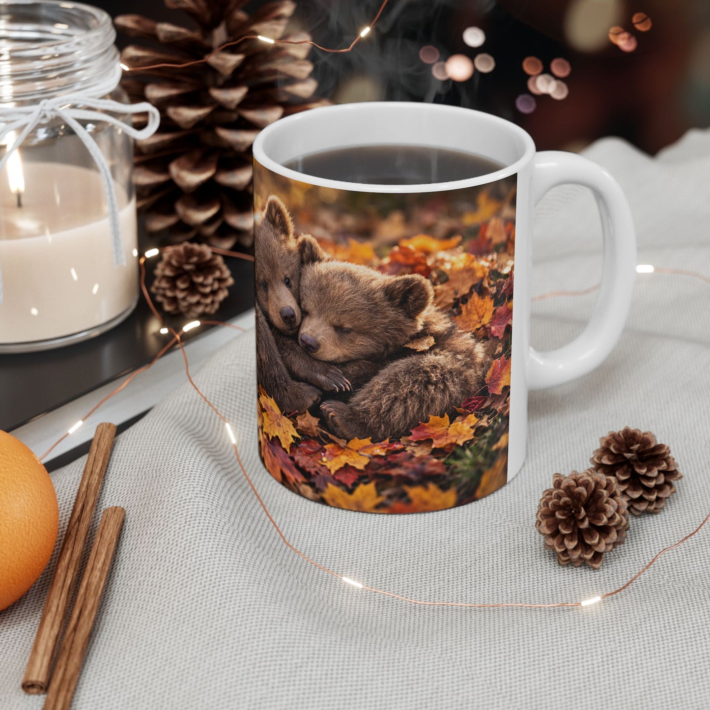 Bear Cubs Cuddling in Autumn Leaves Mug | Cute Woodland Animal Coffee Cup