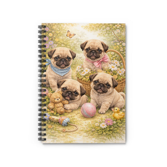 Pug Puppies Spiral Notebook – Cute Floral Ruled Journal for Kids & Dog Lovers
