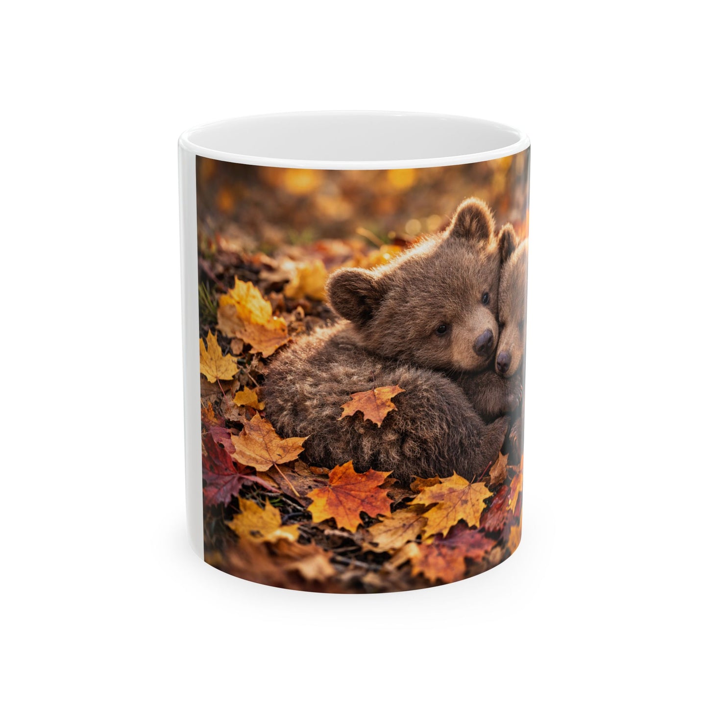 Bear Cubs Cuddling in Autumn Leaves Mug | Cute Woodland Animal Coffee Cup