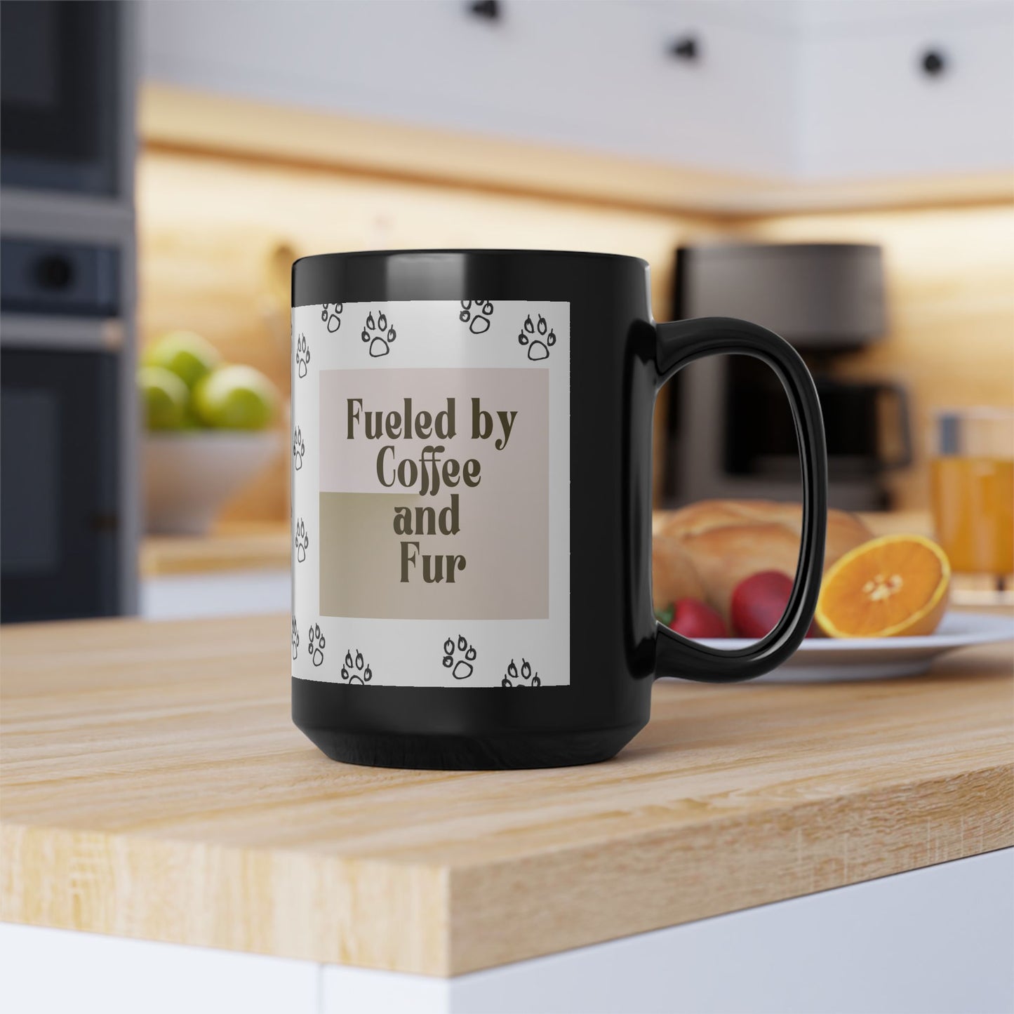 "Fueled by Coffee and Fur" Black Mug — Funny Pet Lover Coffee Cup (15oz)