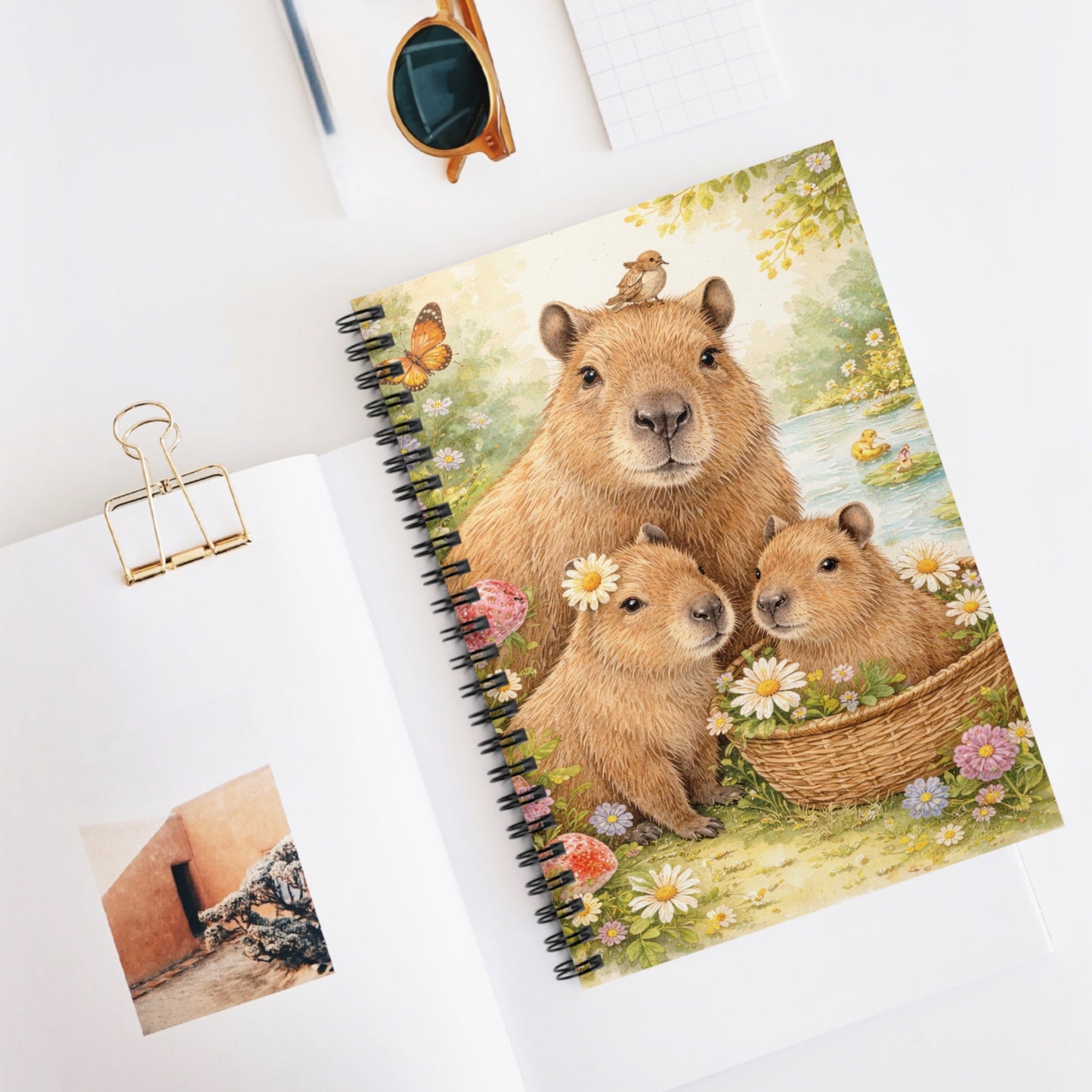 Cute Capybara Family Spiral Notebook — Floral Animal Journal for Kids & Nature Lovers