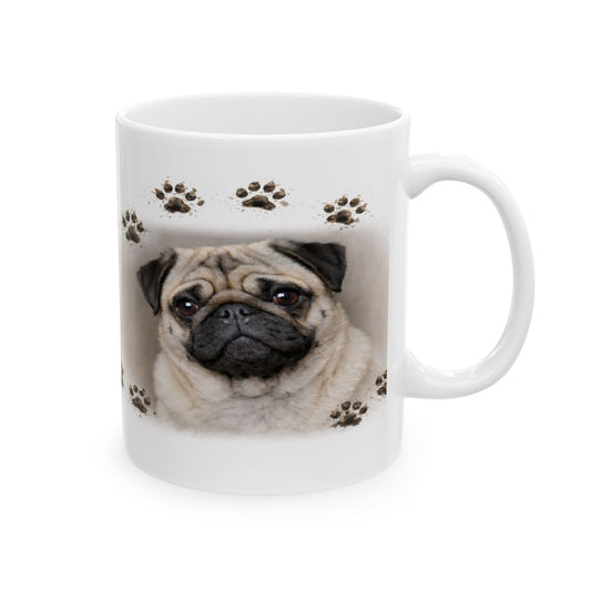 Pug Lover Ceramic Mug — Cute Pug Portrait with Paw Prints (11oz)