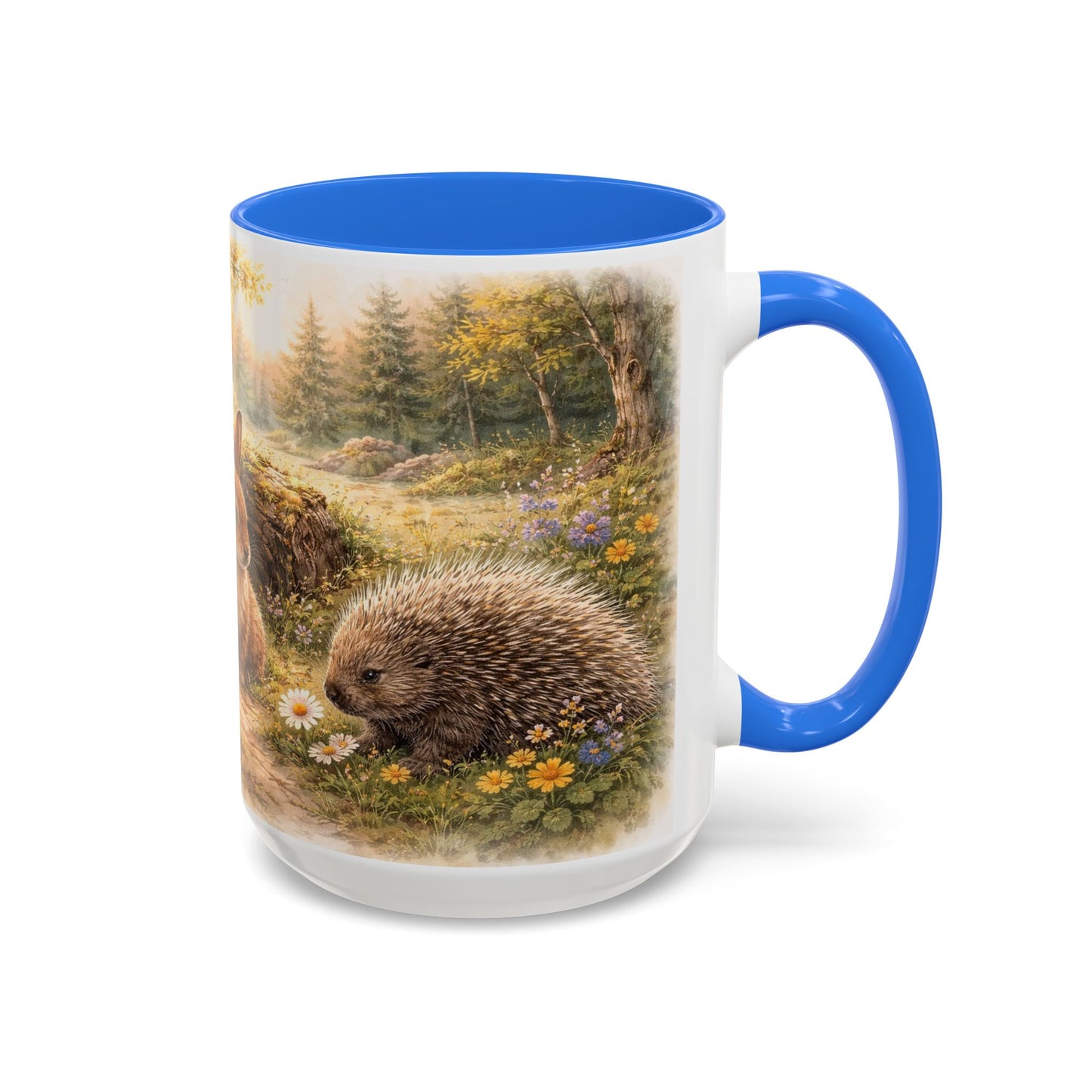 Cute Woodland Animal Mug — Rabbits & Porcupine Vintage Nature Coffee Cup (15oz)