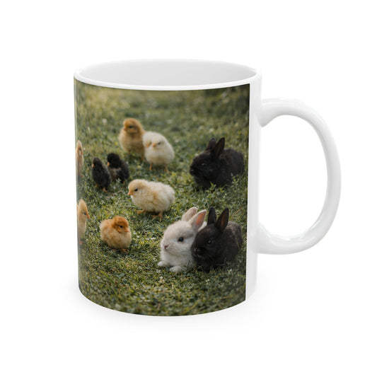 Cute Chickens & Bunny Ceramic Mug — Spring Farm Animal Coffee Cup (11oz)