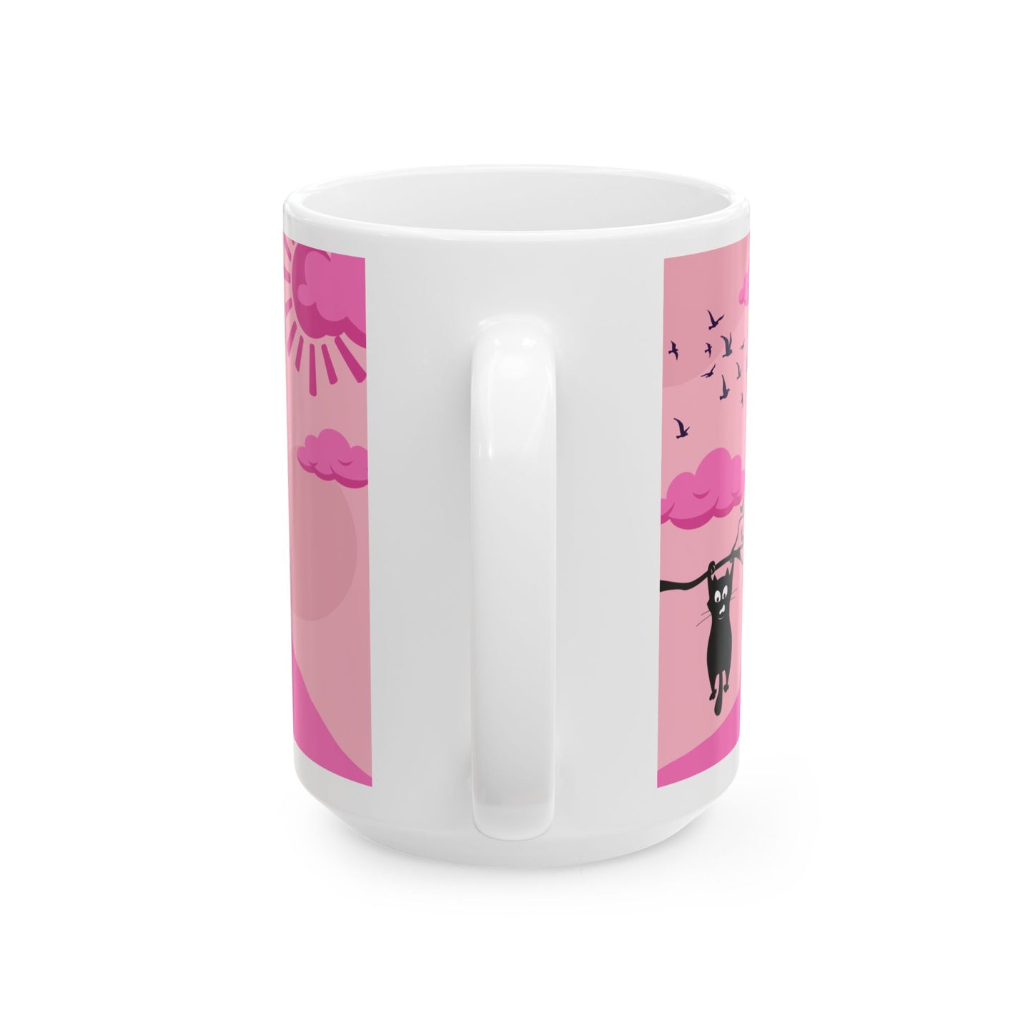 Pink Cat Ceramic Mug — Cute Black Cats on Pink Hills ( 15oz)