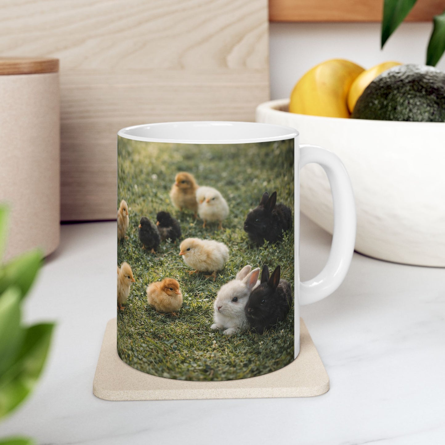 Cute Chickens & Bunny Ceramic Mug — Spring Farm Animal Coffee Cup (11oz)