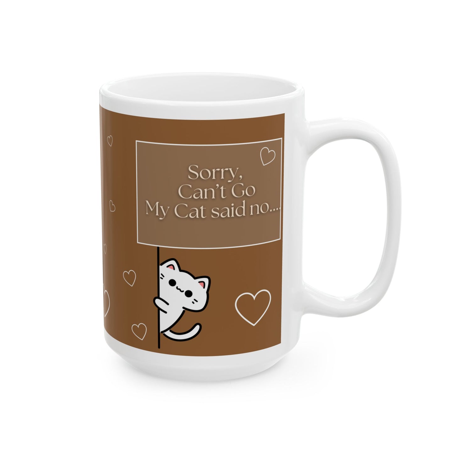 Ceramic Mug — Brown Heart Pattern Cat Coffee Tea Cup (15oz)