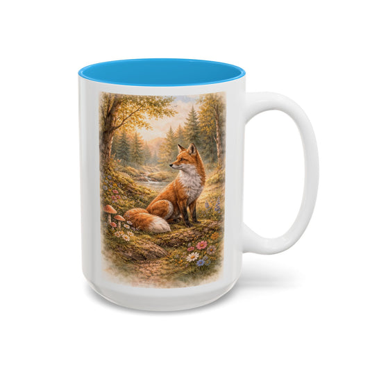 Ceramic Accent Mug — Enchanted Forest Fox Mushrooms Art (Two-Tone, 15oz)