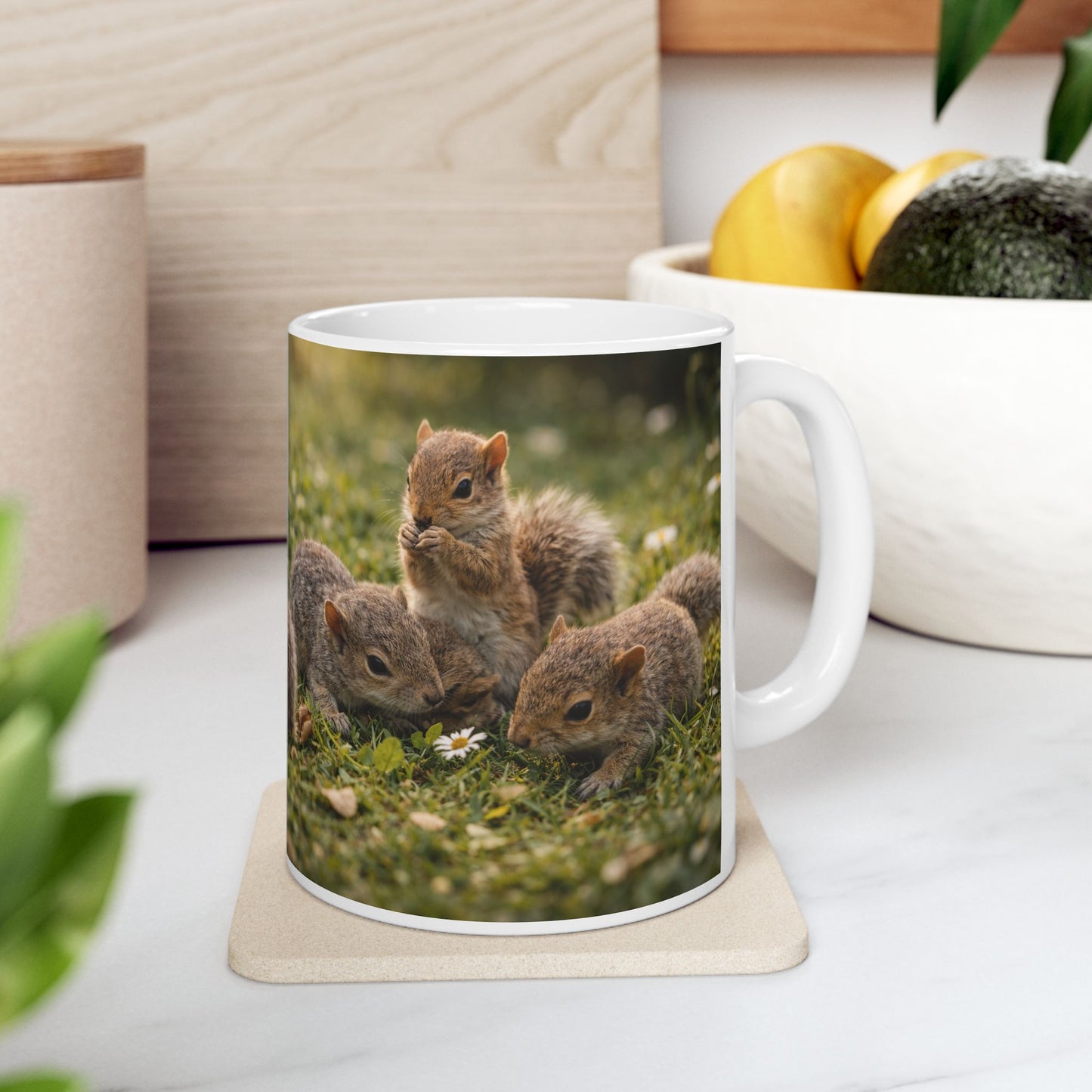 Squirrel Family Photo Ceramic Mug (11oz) — Cute Wildlife Coffee Cup