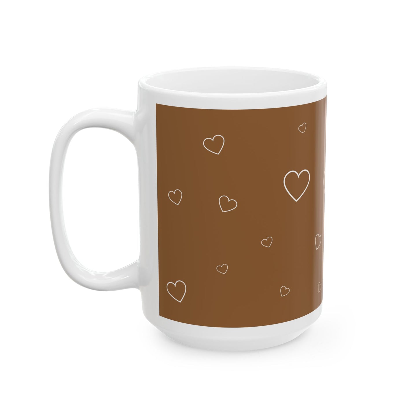 Ceramic Mug — Brown Heart Pattern Cat Coffee Tea Cup (15oz)