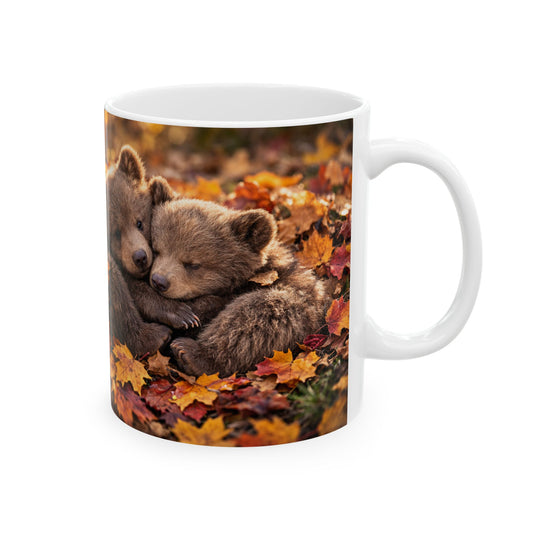 Bear Cubs Cuddling in Autumn Leaves Mug | Cute Woodland Animal Coffee Cup