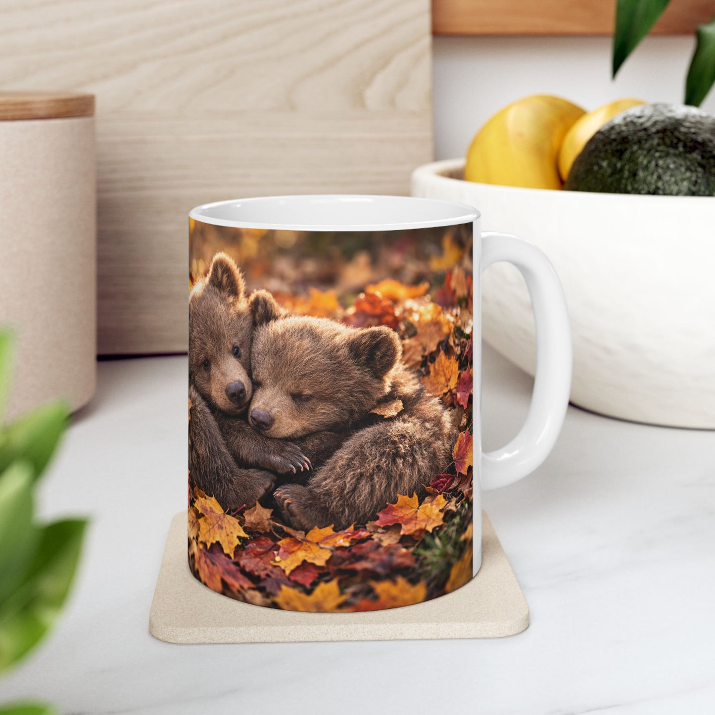 Bear Cubs Cuddling in Autumn Leaves Mug | Cute Woodland Animal Coffee Cup