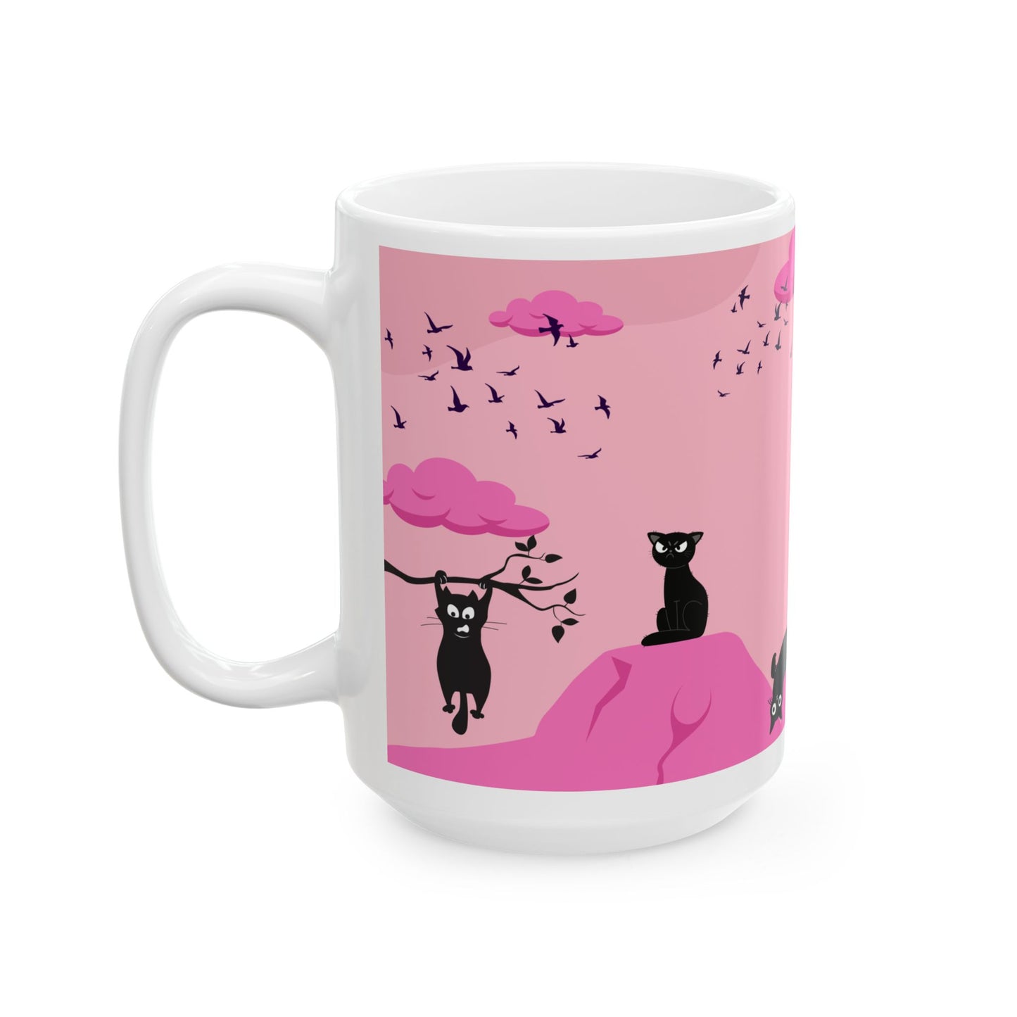 Pink Cat Ceramic Mug — Cute Black Cats on Pink Hills ( 15oz)