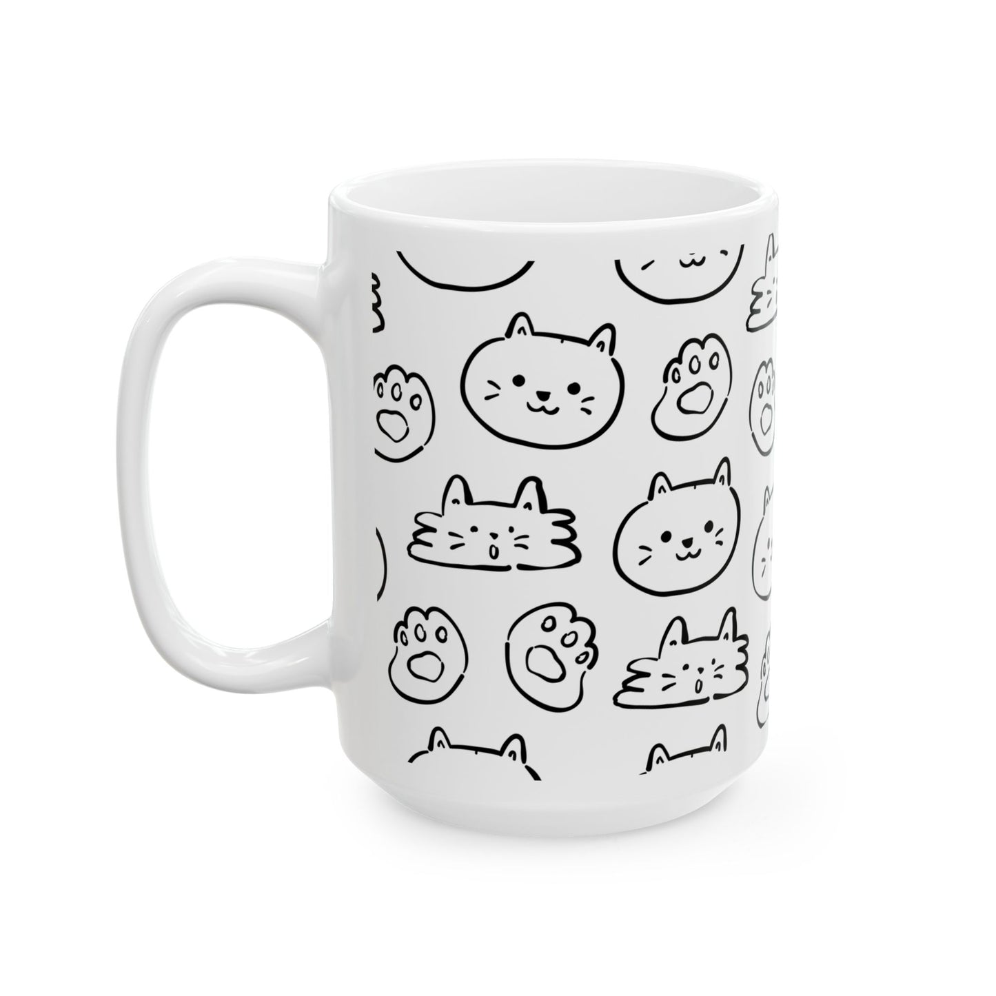 Cat Pattern Ceramic Mug — "Fueled by Coffee and Fur" (15oz)