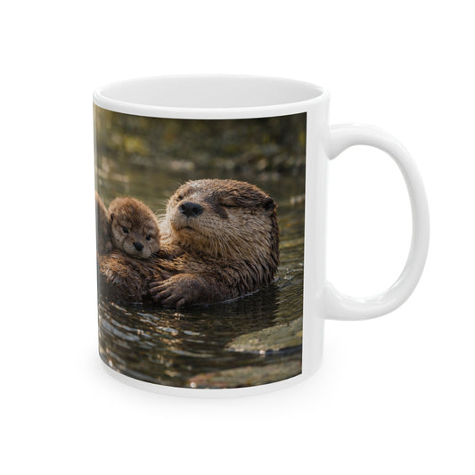 Sea Otter Family Ceramic Mug — Cute Otter Mom & Pups Coffee Cup (11oz)
