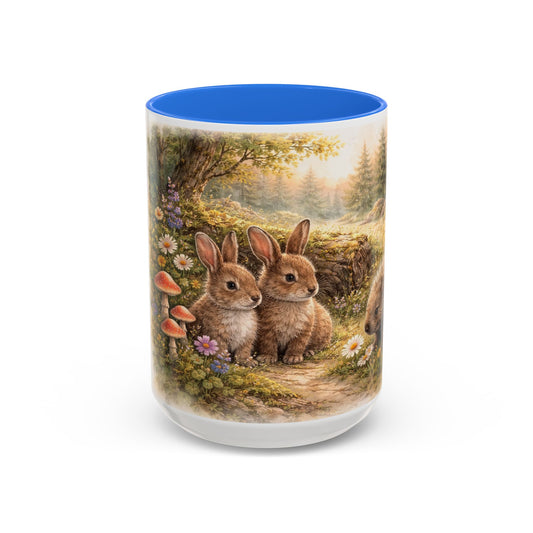 Cute Woodland Animal Mug — Rabbits & Porcupine Vintage Nature Coffee Cup (15oz)