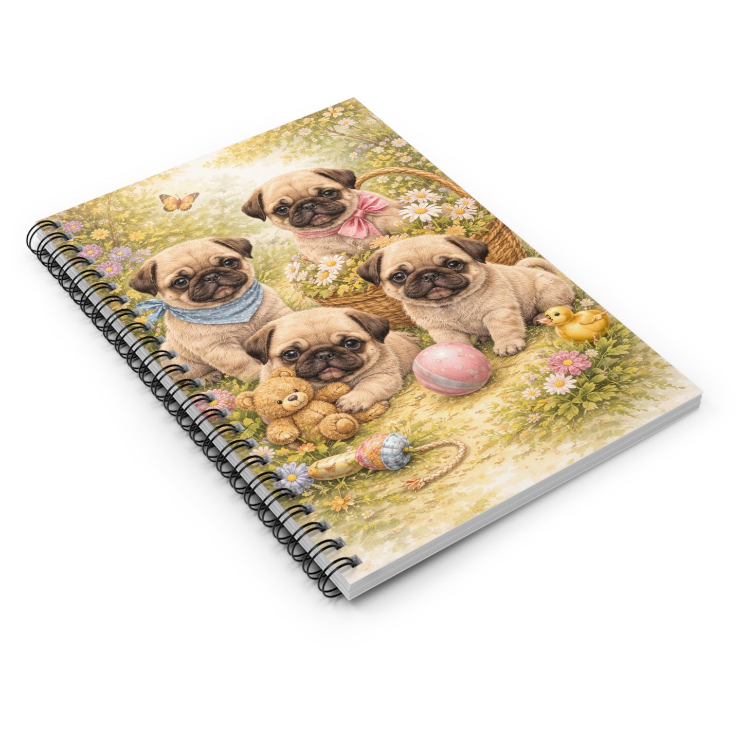 Pug Puppies Spiral Notebook – Cute Floral Ruled Journal for Kids & Dog Lovers