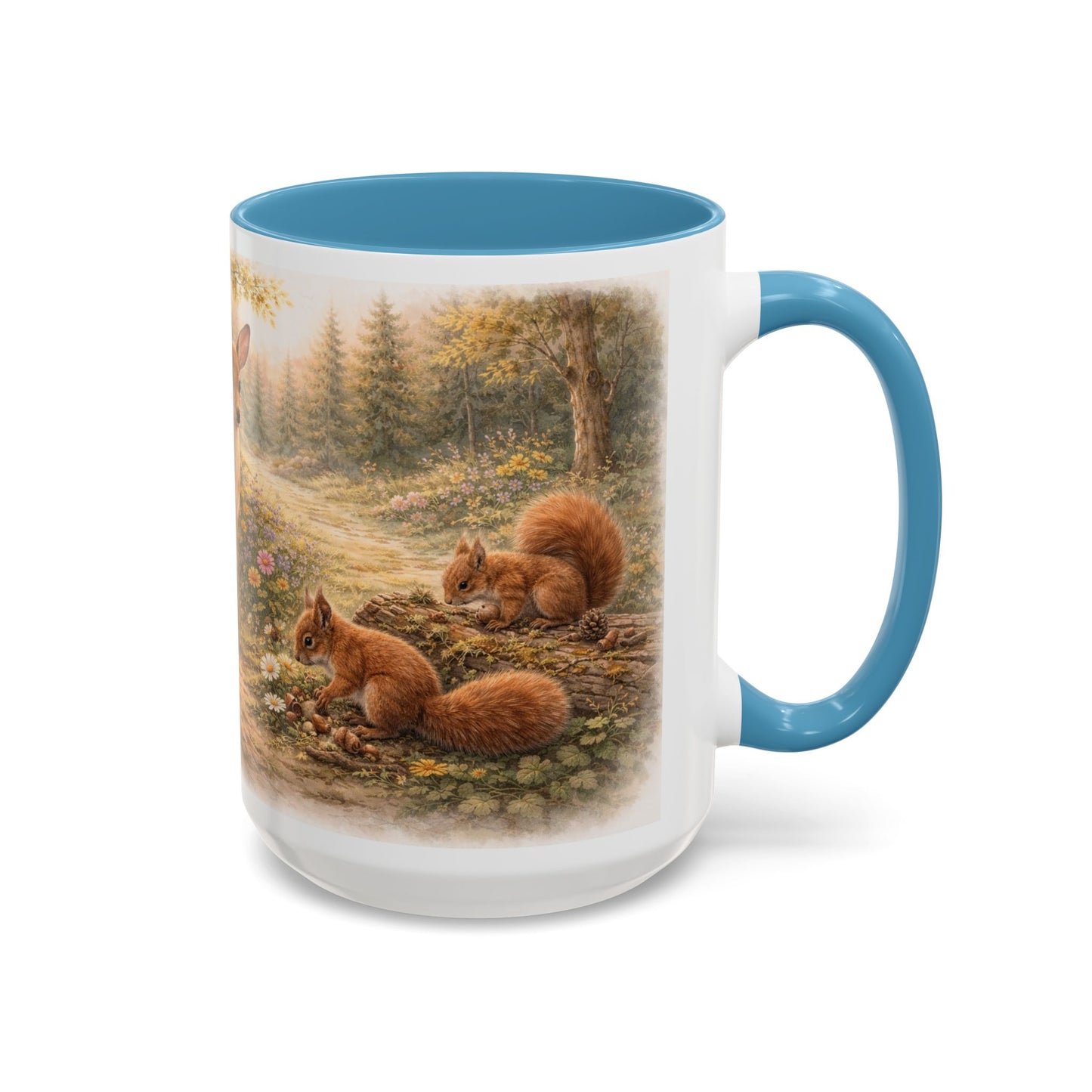 Woodland Wildlife Accent Coffee Mug — Deer & Squirrel Forest Scene (15oz)