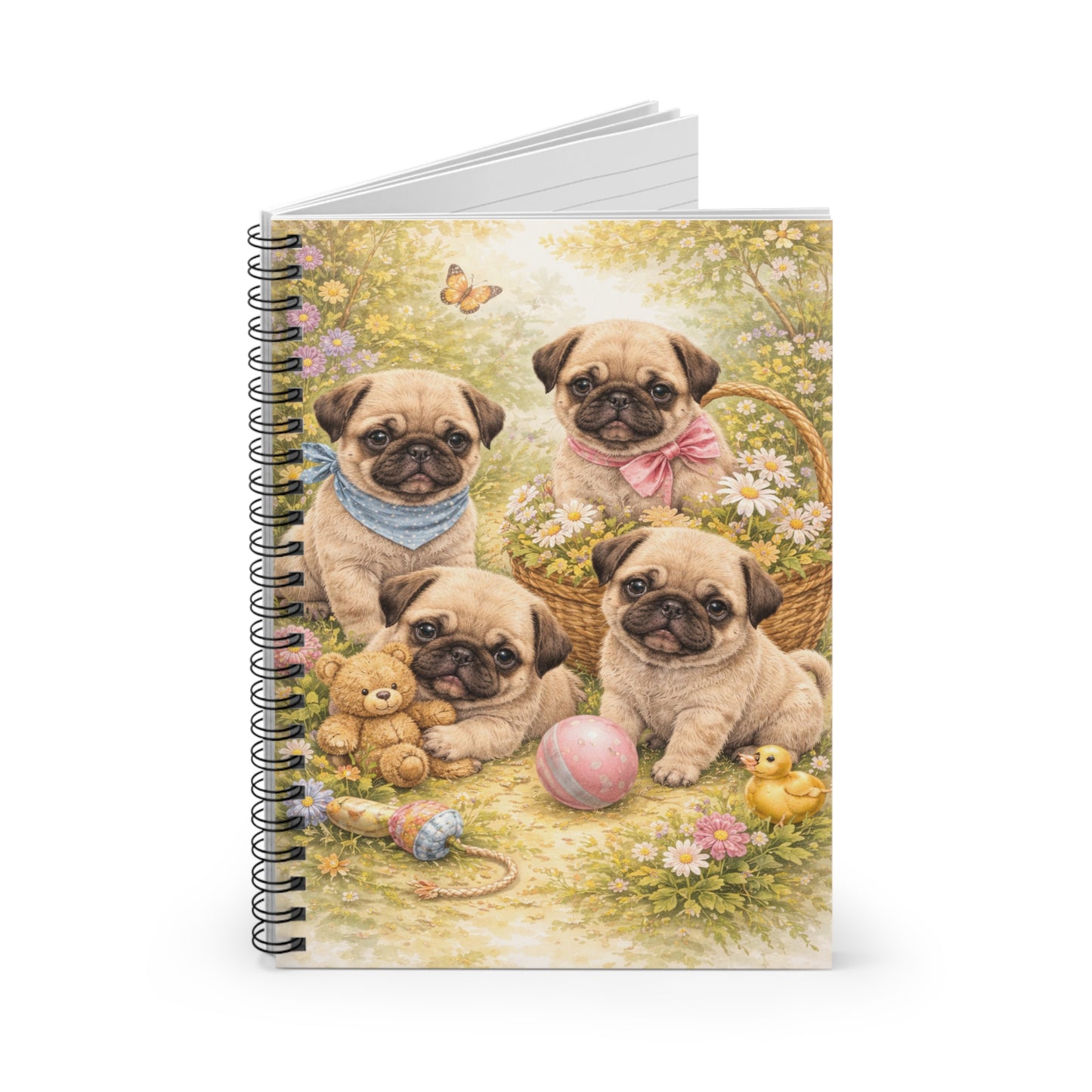 Pug Puppies Spiral Notebook – Cute Floral Ruled Journal for Kids & Dog Lovers