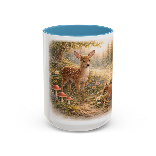 Woodland Wildlife Accent Coffee Mug — Deer & Squirrel Forest Scene (15oz)