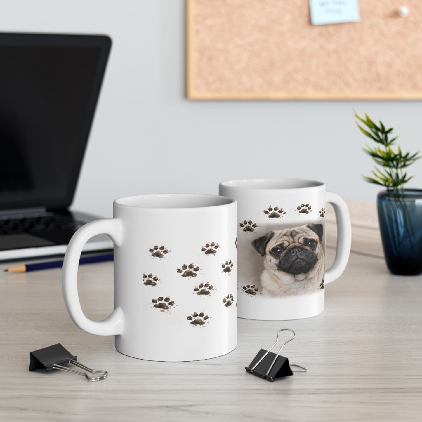 Pug Lover Ceramic Mug — Cute Pug Portrait with Paw Prints (11oz)