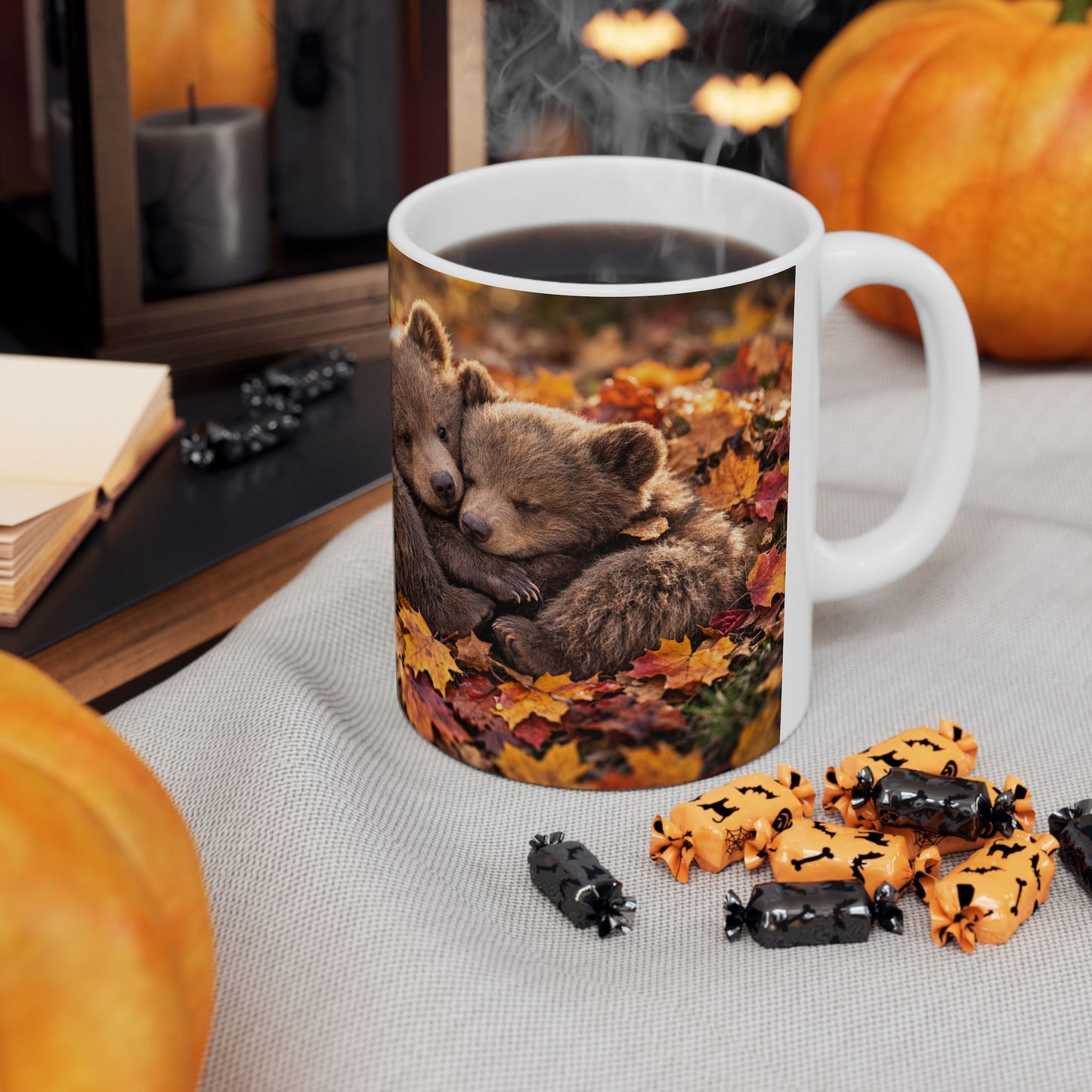 Bear Cubs Cuddling in Autumn Leaves Mug | Cute Woodland Animal Coffee Cup