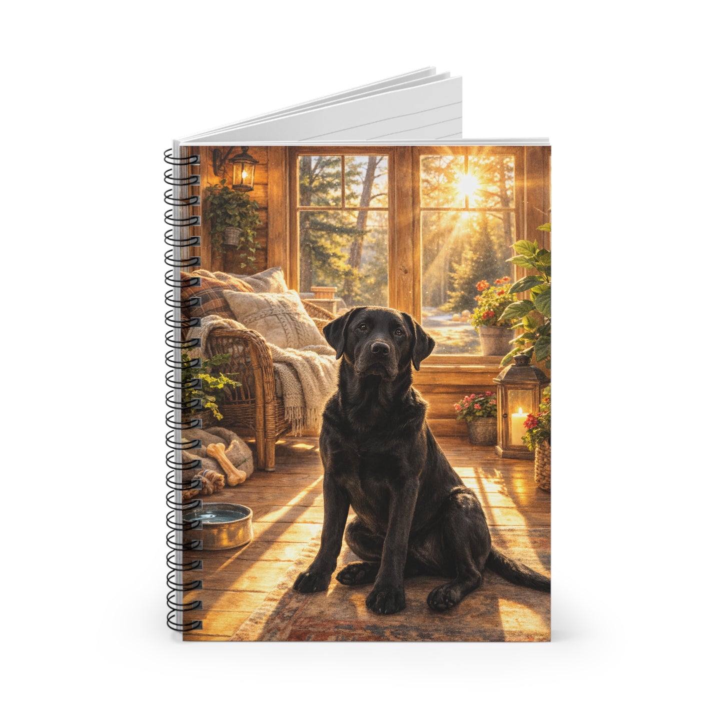 Black Labrador Cozy Sunroom Notebook — Ruled Spiral Journal for Dog Lovers