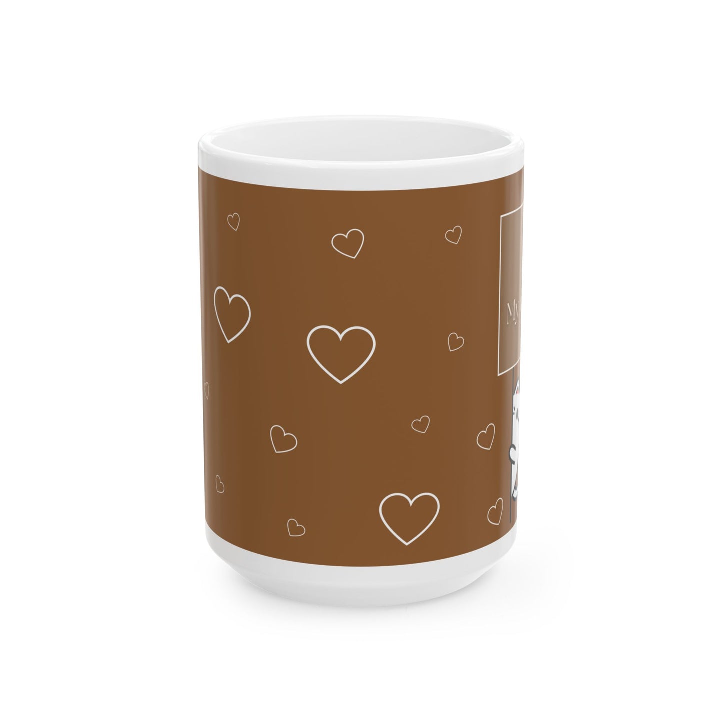 Ceramic Mug — Brown Heart Pattern Cat Coffee Tea Cup (15oz)